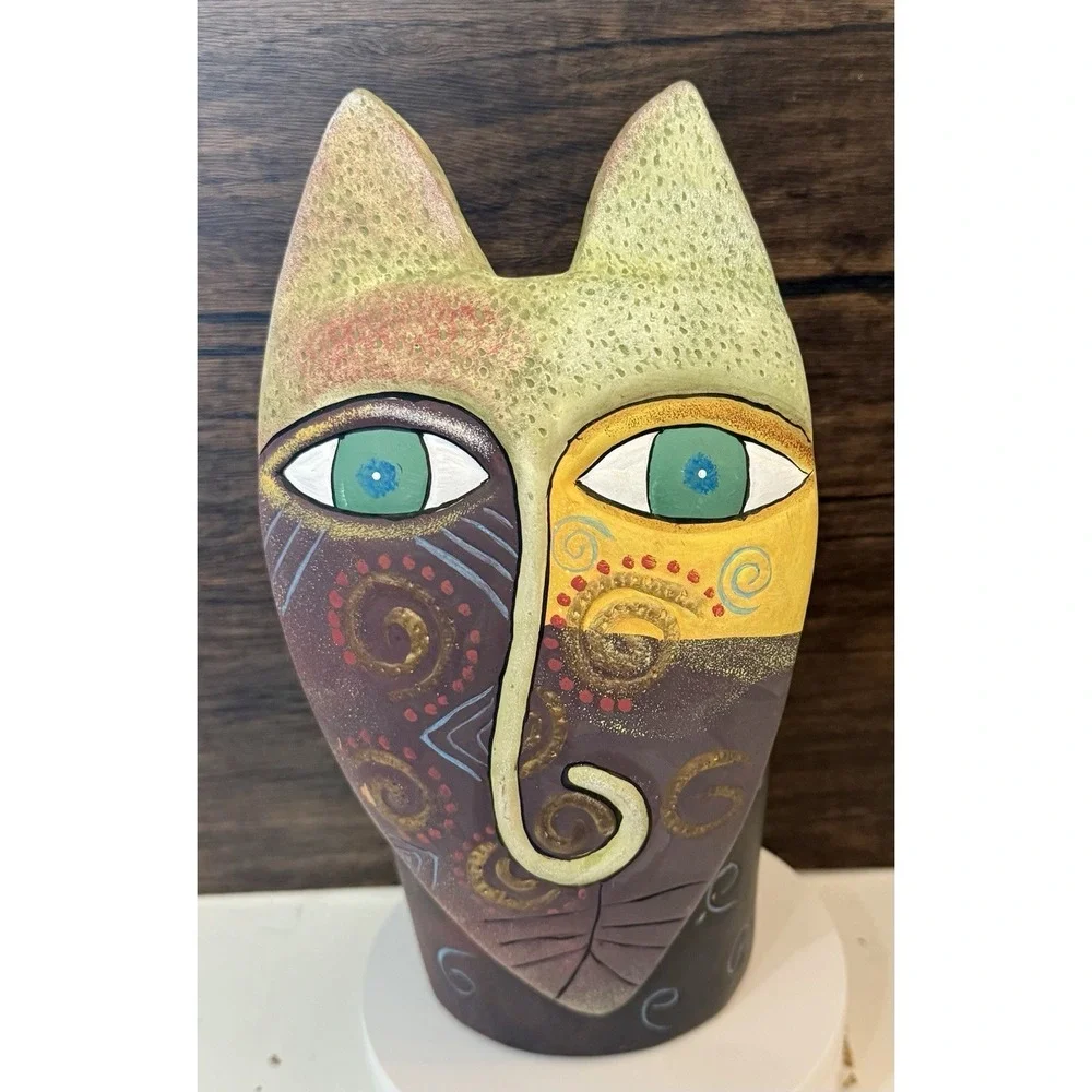 Penco Industries Colorful Ceramic‎ Art Pottery Cat Tribal Vase